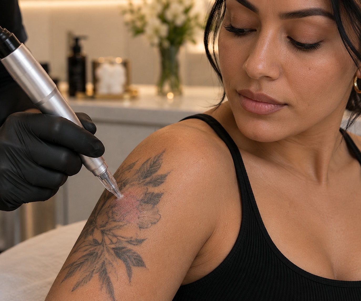 A saline tattoo-lightening device being used on a client's shoulder tattoo