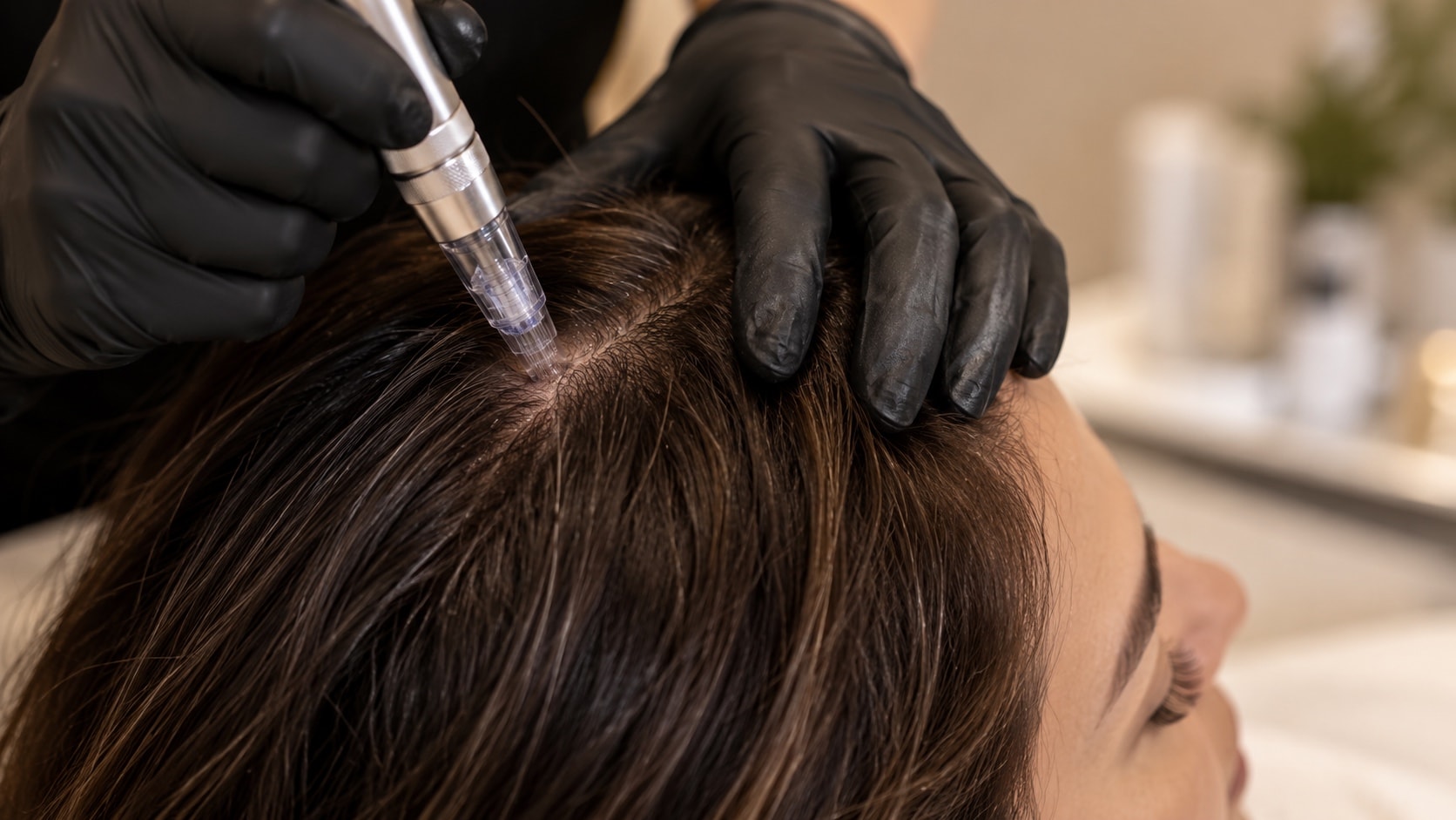 A practitioner in black gloves using a microchanneling pen along the part of a client's hair