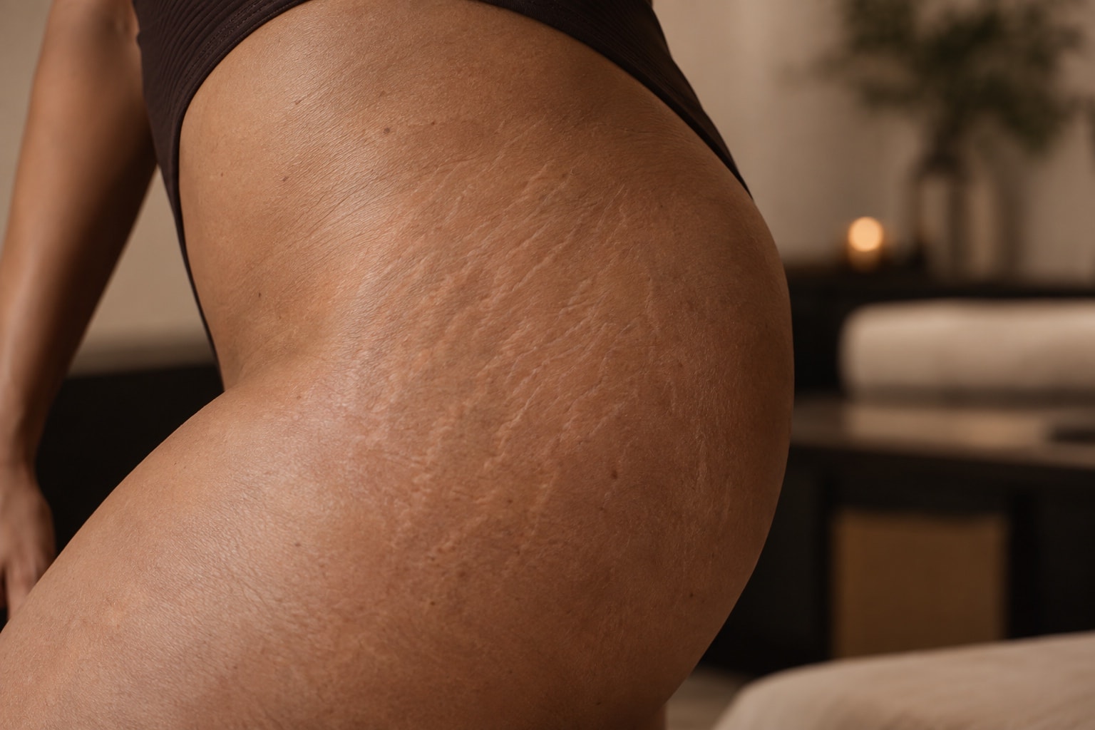 Close view of stretch marks on a client's hip and thigh in soft, warm light